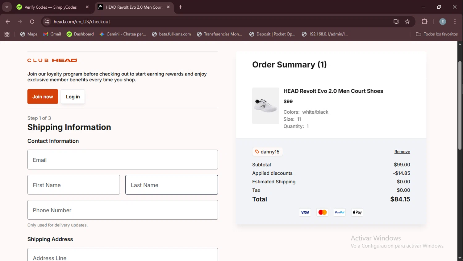 HEAD discount code screenshot showing code danny15 applied at HEAD checkout page. Uploaded by SimplyCodes community member Esteban on Sep 5, 2025