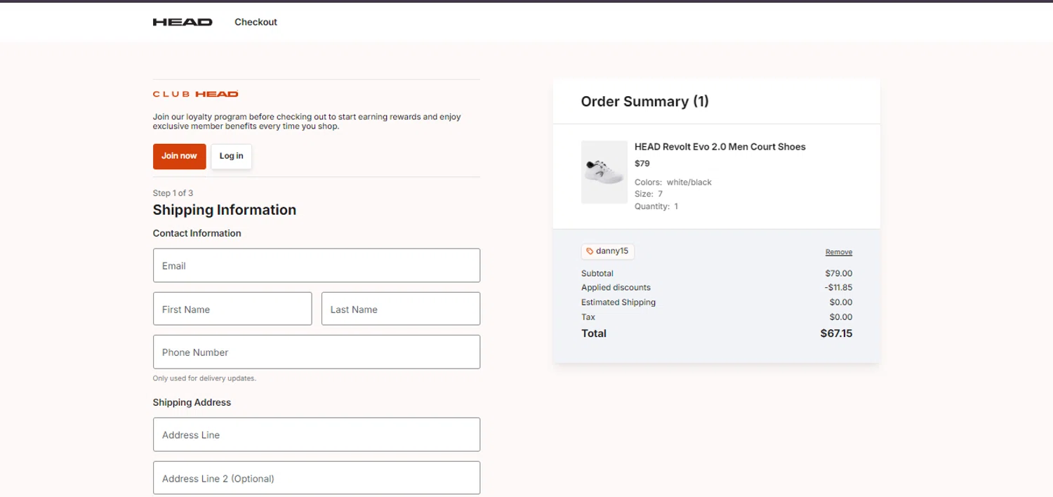HEAD discount code screenshot showing code danny15 applied at HEAD checkout page. Uploaded by SimplyCodes community member Ronita_832988044 on Nov 29, 2025