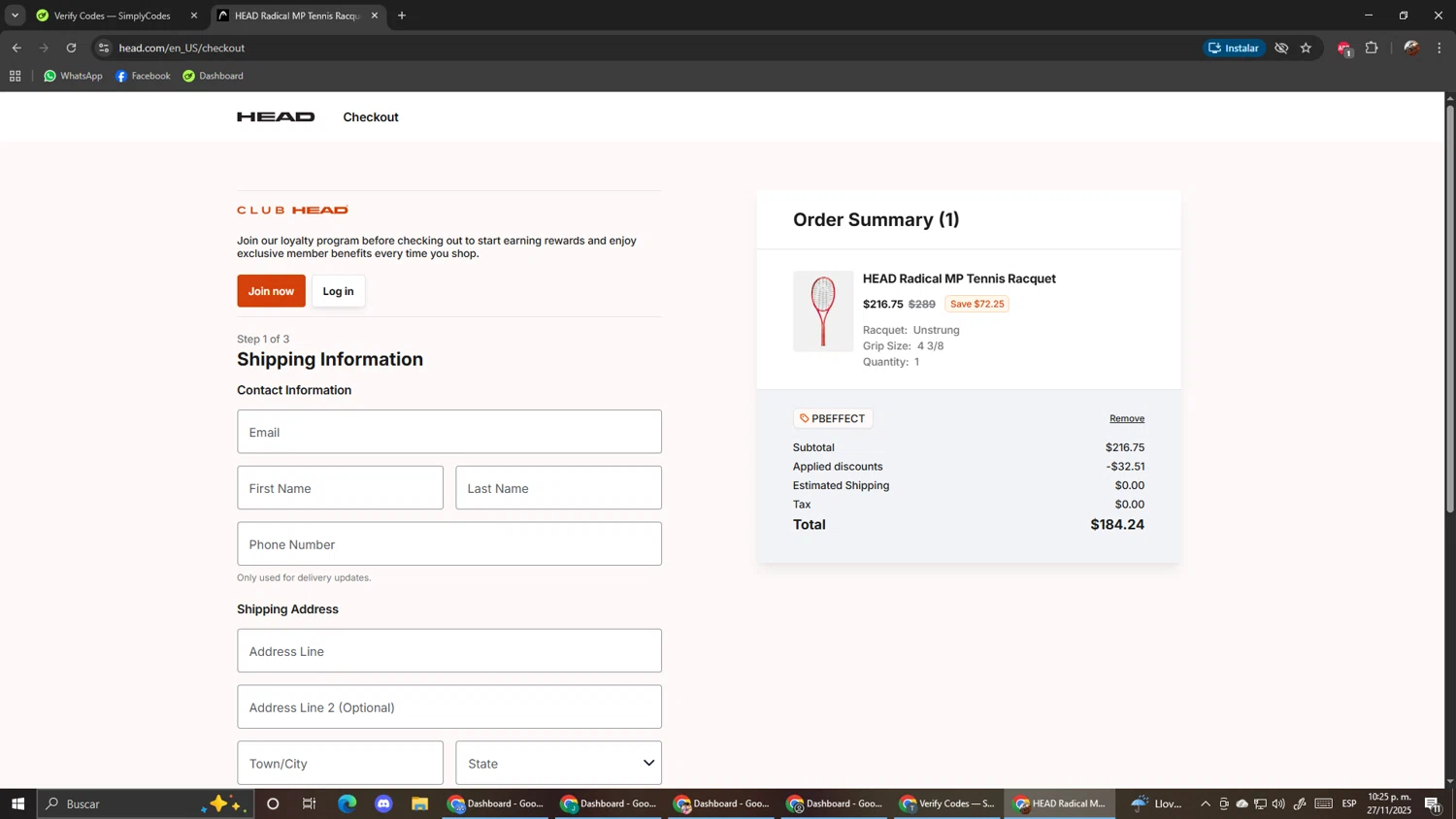 HEAD discount code screenshot showing code PBEFFECT applied at HEAD checkout page. Uploaded by SimplyCodes community member ScanShopper554 on Nov 28, 2025