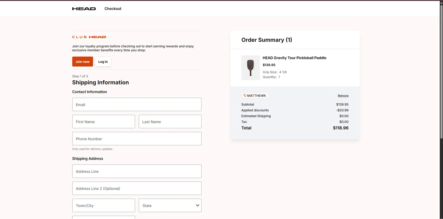 HEAD checkout page showing HEAD discount code box | Screenshot taken by SimplyCodes community member on Feb 24, 2026