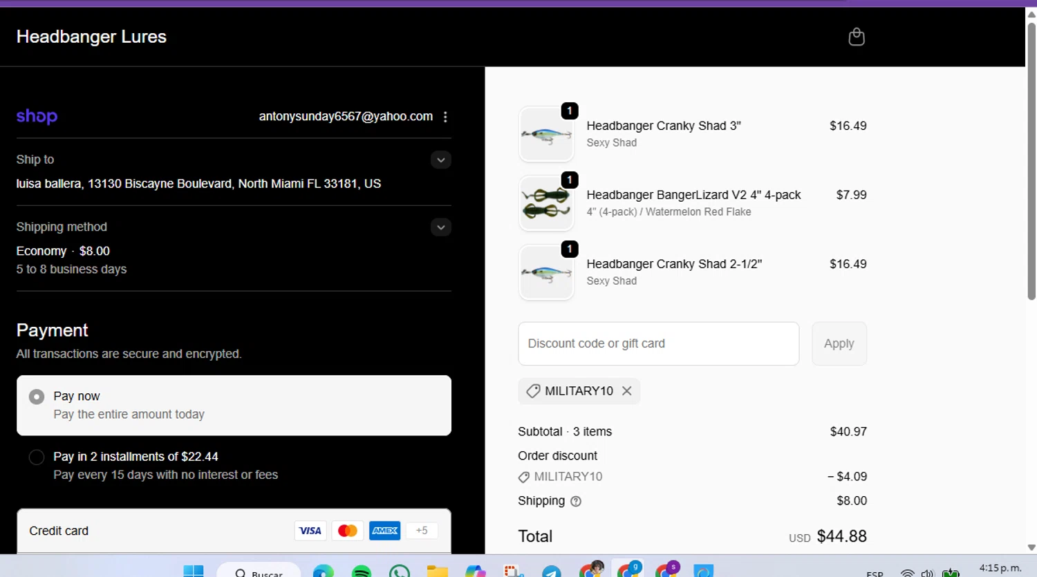 Headbanger Lures promo code screenshot showing code MILITARY10 applied at Headbanger Lures checkout page. Uploaded by SimplyCodes community member FrugalVirtuoso6318 on Jan 10, 2026