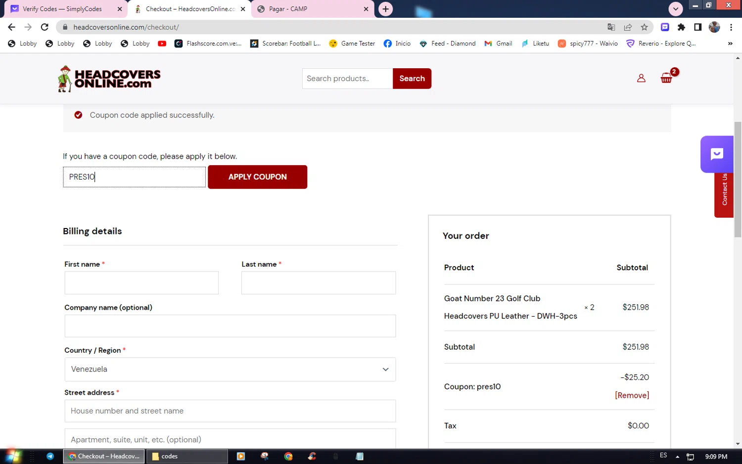 Headcovers Online checkout page showing Headcovers Online coupon code box | Screenshot taken by SimplyCodes community member on Feb 20, 2024