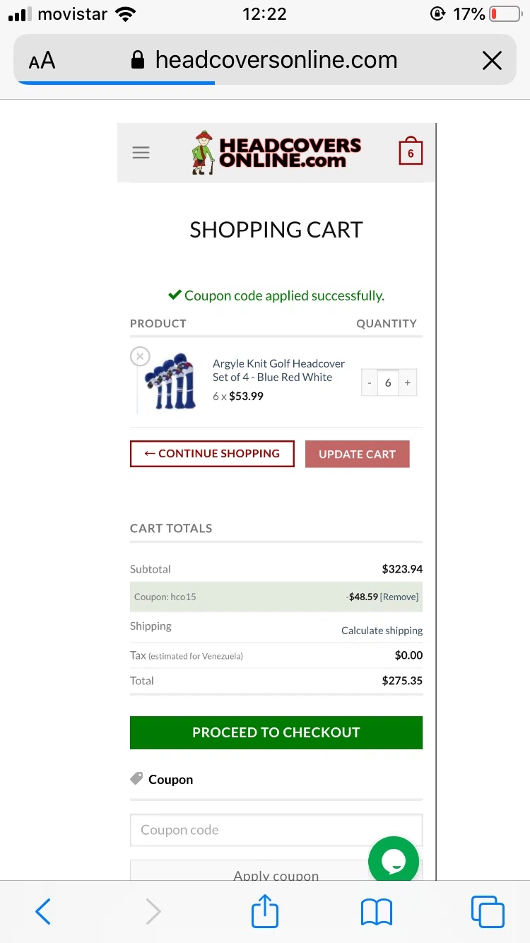 Headcovers Online checkout page showing Headcovers Online coupon code box | Screenshot taken by SimplyCodes community member on Aug 27, 2020