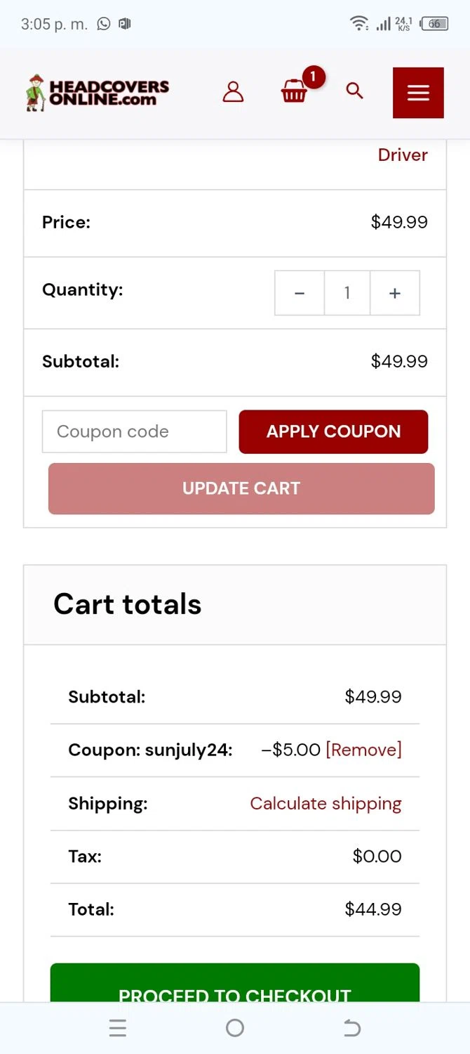 Headcovers Online checkout page showing Headcovers Online coupon code box | Screenshot taken by SimplyCodes community member on Jul 14, 2024