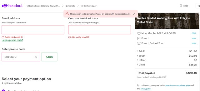 HeadOut checkout page showing HeadOut promo code box | Screenshot taken by SimplyCodes community member on Jan 26, 2025