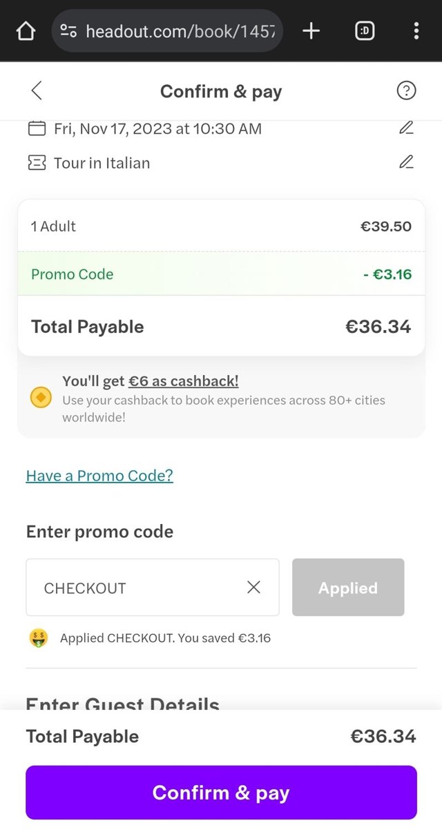 HeadOut checkout page showing HeadOut promo code box | Screenshot taken by SimplyCodes community member on Nov 11, 2023