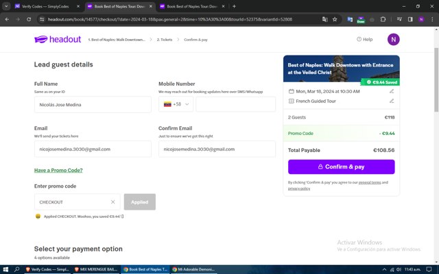 HeadOut checkout page showing HeadOut promo code box | Screenshot taken by SimplyCodes community member on Feb 11, 2024