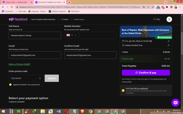 HeadOut checkout page showing HeadOut promo code box | Screenshot taken by SimplyCodes community member on Dec 13, 2023