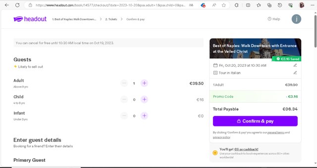 HeadOut checkout page showing HeadOut promo code box | Screenshot taken by SimplyCodes community member on Oct 10, 2023