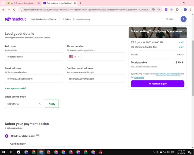 HeadOut checkout page showing HeadOut promo code box | Screenshot taken by SimplyCodes community member on Jan 26, 2025