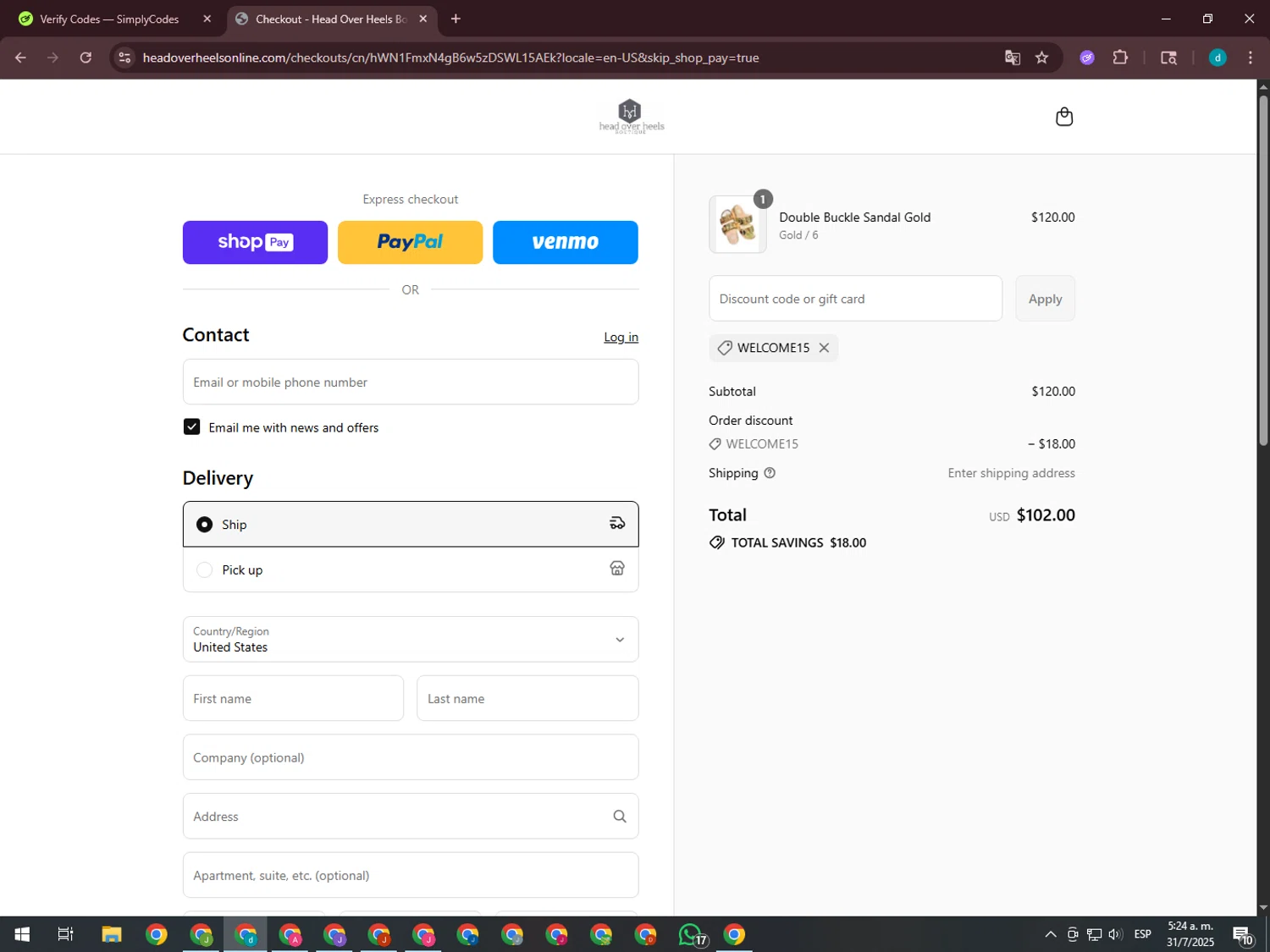 Head Over Heels promo code screenshot showing code WELCOME15 applied at Head Over Heels checkout page. Uploaded by SimplyCodes community member GloriousTiger3507 on Jul 31, 2025