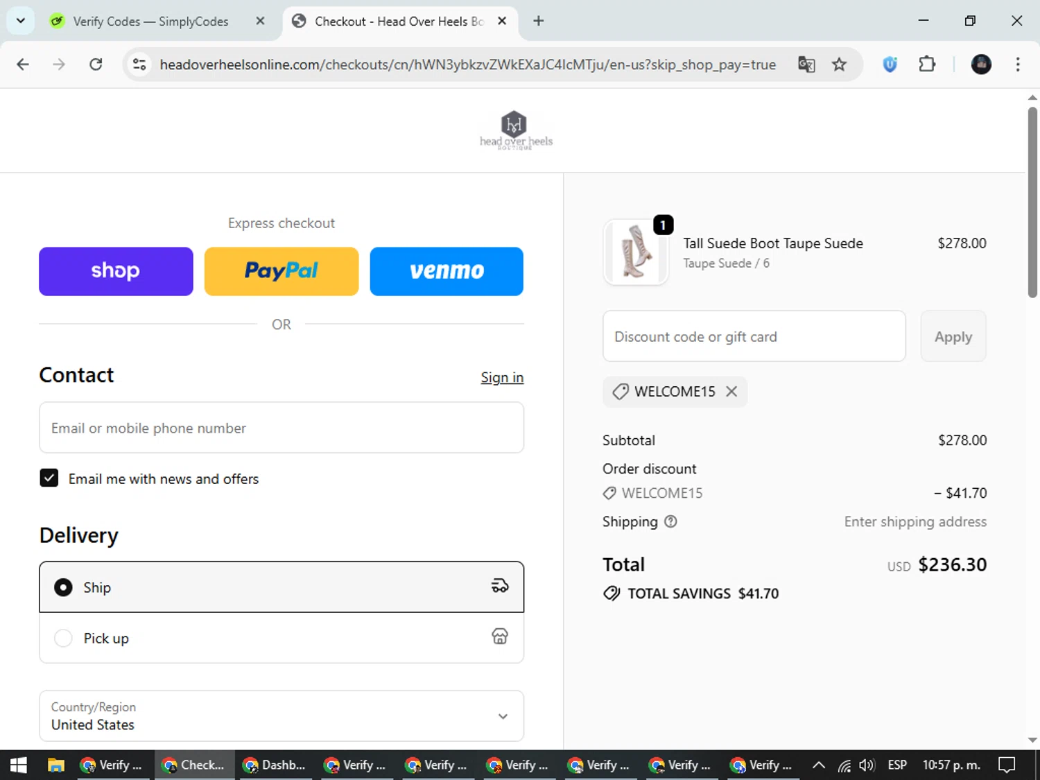 Head Over Heels promo code screenshot showing code WELCOME15 applied at Head Over Heels checkout page. Uploaded by SimplyCodes community member ValueElite5945 on Oct 11, 2025