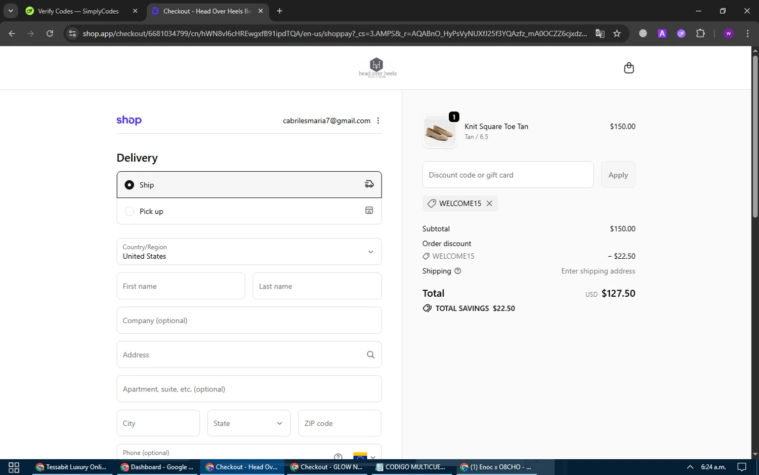 Head Over Heels checkout page showing Head Over Heels promo code box | Screenshot taken by SimplyCodes community member on Feb 18, 2026