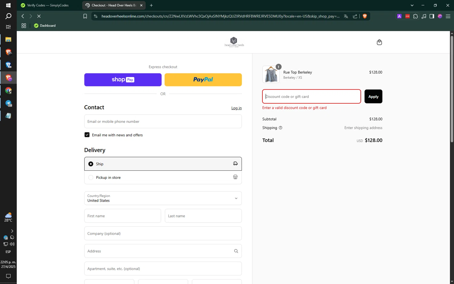 Head Over Heels promo code screenshot showing code SNEAKERS20 applied at Head Over Heels checkout page. Uploaded by SimplyCodes community member jMoya06 on Apr 28, 2025