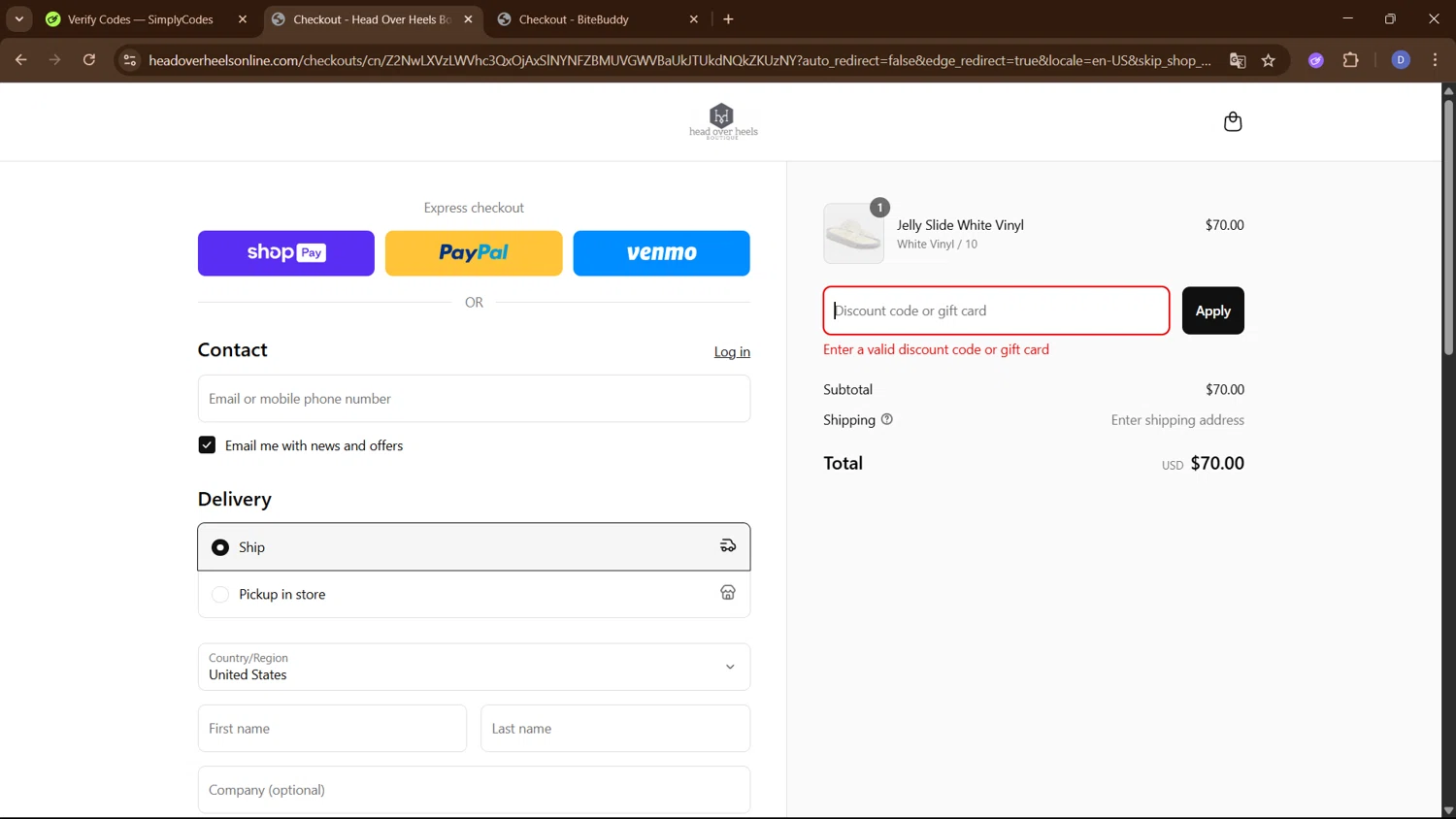 Head Over Heels promo code screenshot showing code SNEAKERS20 applied at Head Over Heels checkout page. Uploaded by SimplyCodes community member PennyCurator6489 on Apr 28, 2025