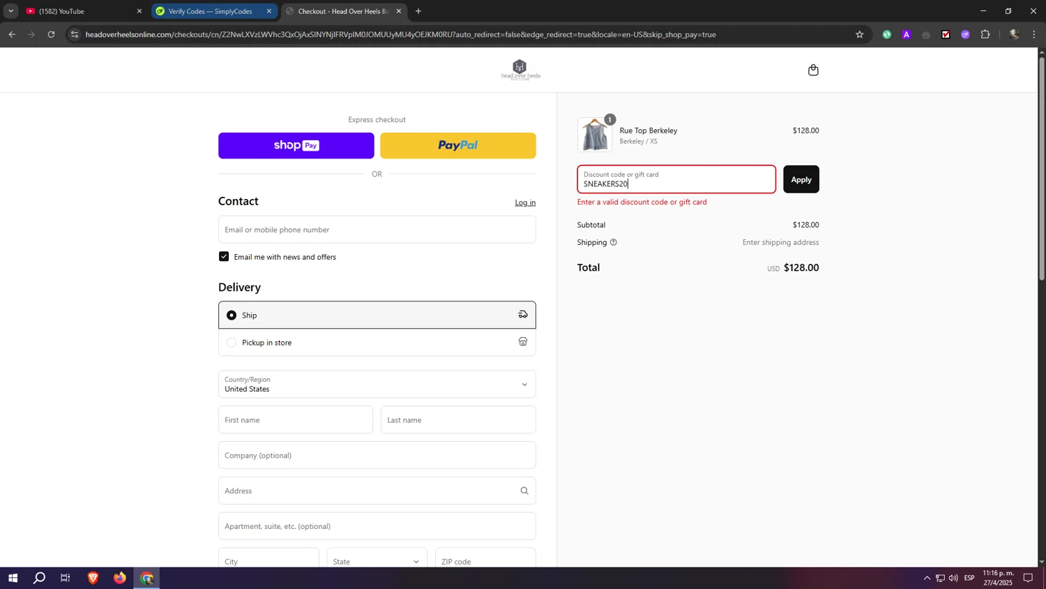 Head Over Heels promo code screenshot showing code SNEAKERS20 applied at Head Over Heels checkout page. Uploaded by SimplyCodes community member eliaskao on Apr 28, 2025