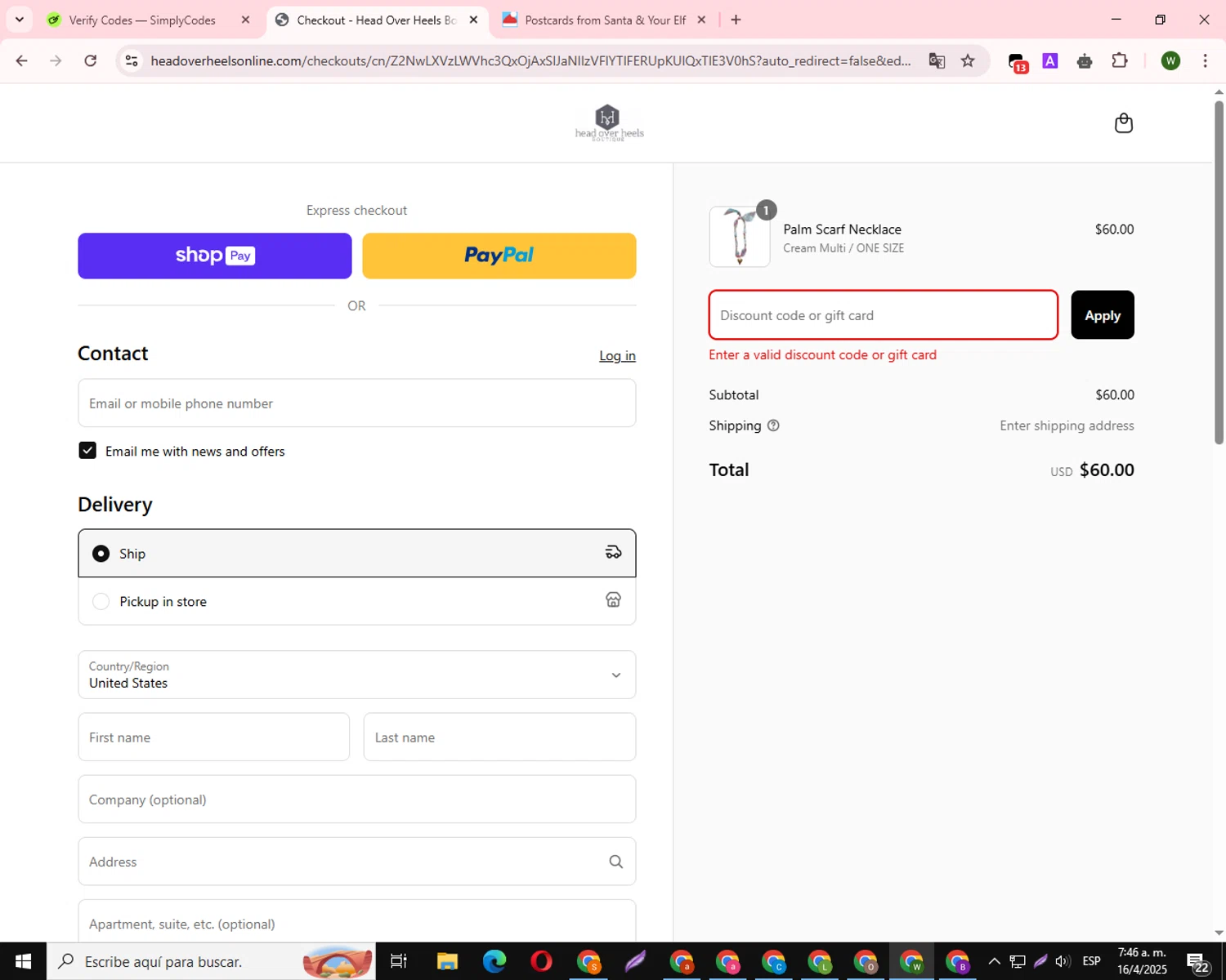 Head Over Heels promo code screenshot showing code THANKYOU20 applied at Head Over Heels checkout page. Uploaded by SimplyCodes community member RoyalHawk3973 on Apr 16, 2025