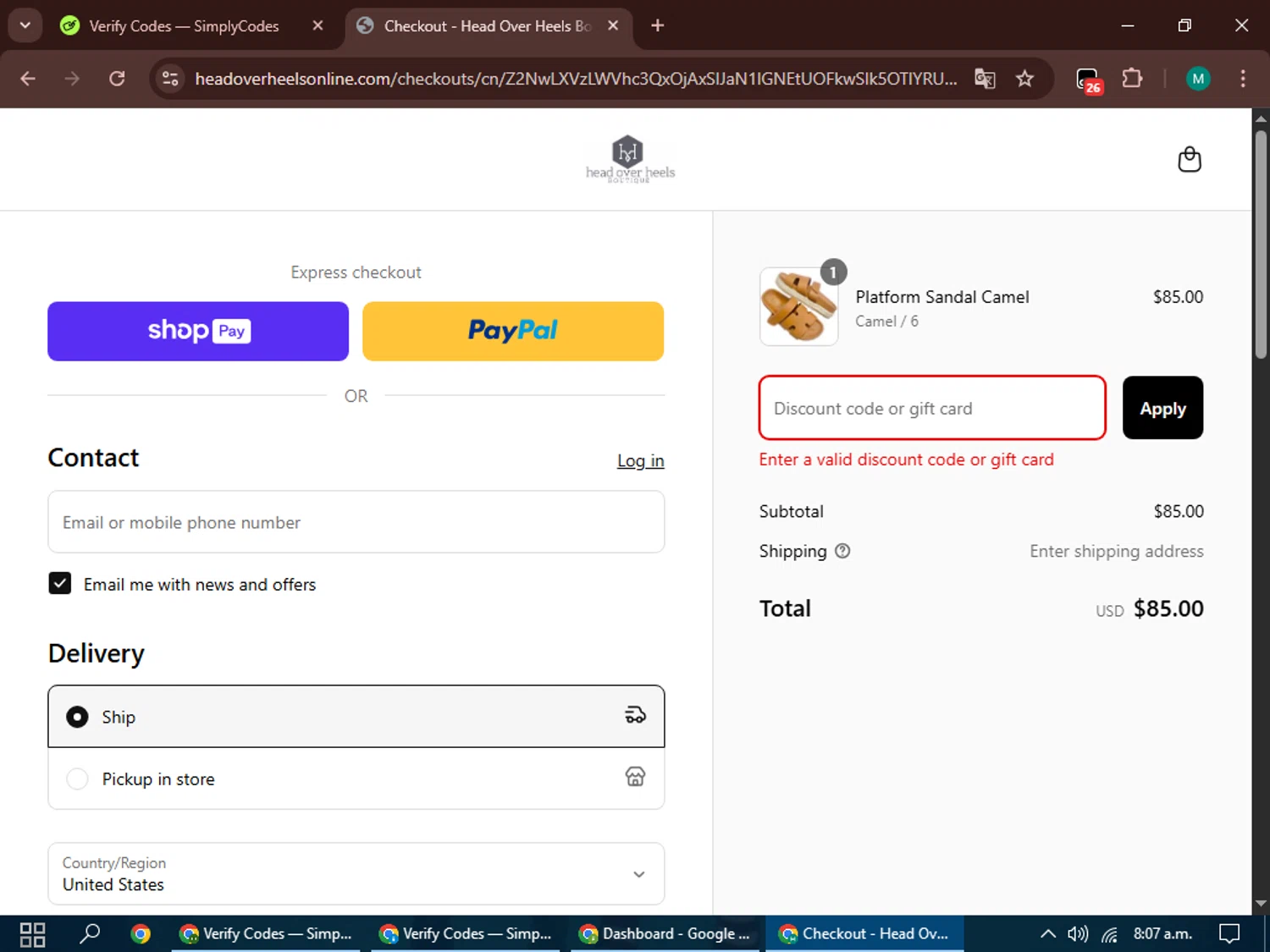 Head Over Heels promo code screenshot showing code THANKYOU20 applied at Head Over Heels checkout page. Uploaded by SimplyCodes community member my_melody on Apr 16, 2025