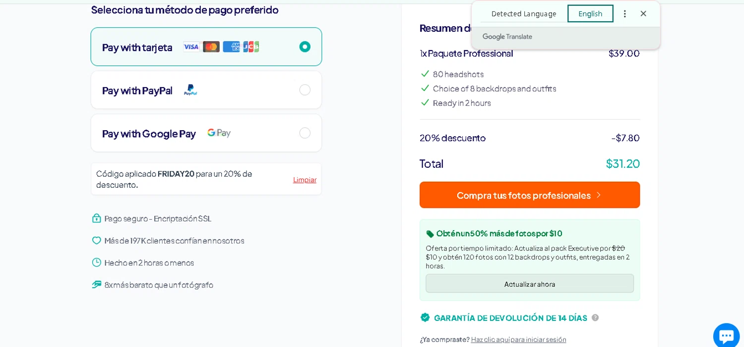 HeadshotPro promo code screenshot showing code FRIDAY20 applied at HeadshotPro checkout page. Uploaded by SimplyCodes community member CRYSTALSUICINE on Oct 30, 2025