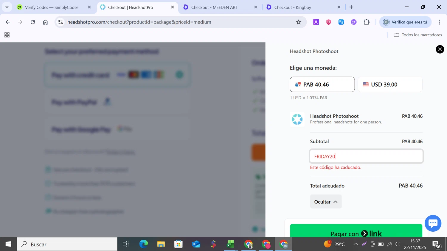 HeadshotPro promo code screenshot showing code FRIDAY20 applied at HeadshotPro checkout page. Uploaded by SimplyCodes community member MANUELURBINA on Nov 22, 2025
