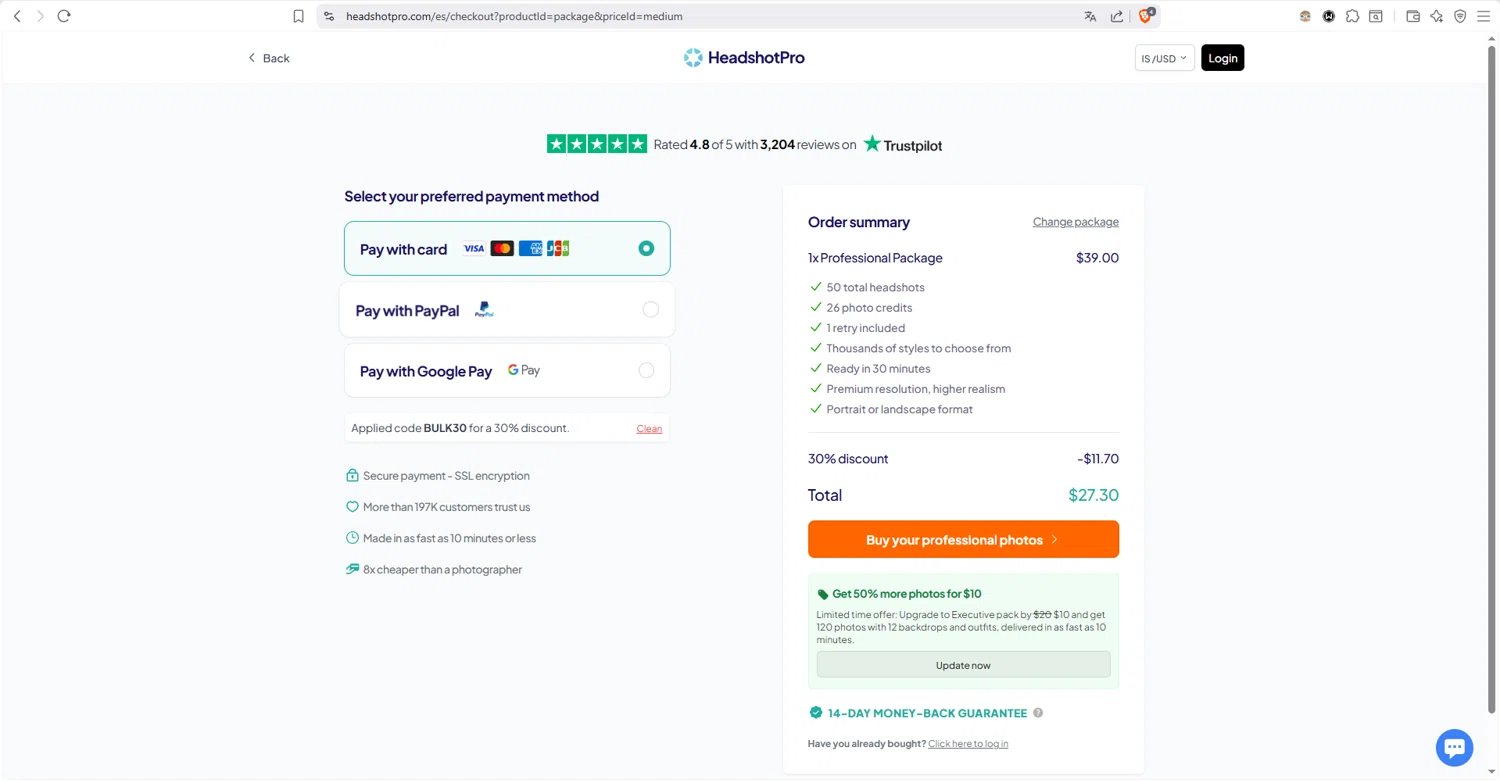 HeadshotPro checkout page showing HeadshotPro promo code box | Screenshot taken by SimplyCodes community member on Jan 27, 2026