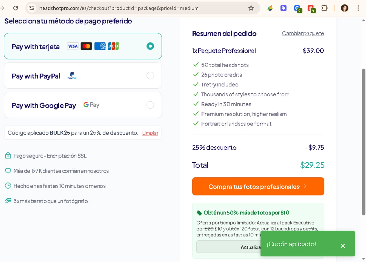 HeadshotPro promo code screenshot showing code BULK25 applied at HeadshotPro checkout page. Uploaded by SimplyCodes community member carmenamandabritoser on Jan 28, 2026