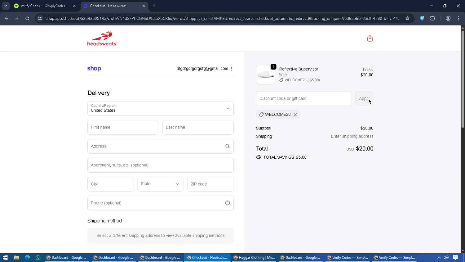 Headsweats promo code screenshot showing code WELCOME20 applied at Headsweats checkout page. Uploaded by SimplyCodes community member CouponGuardian8137 on Oct 28, 2025