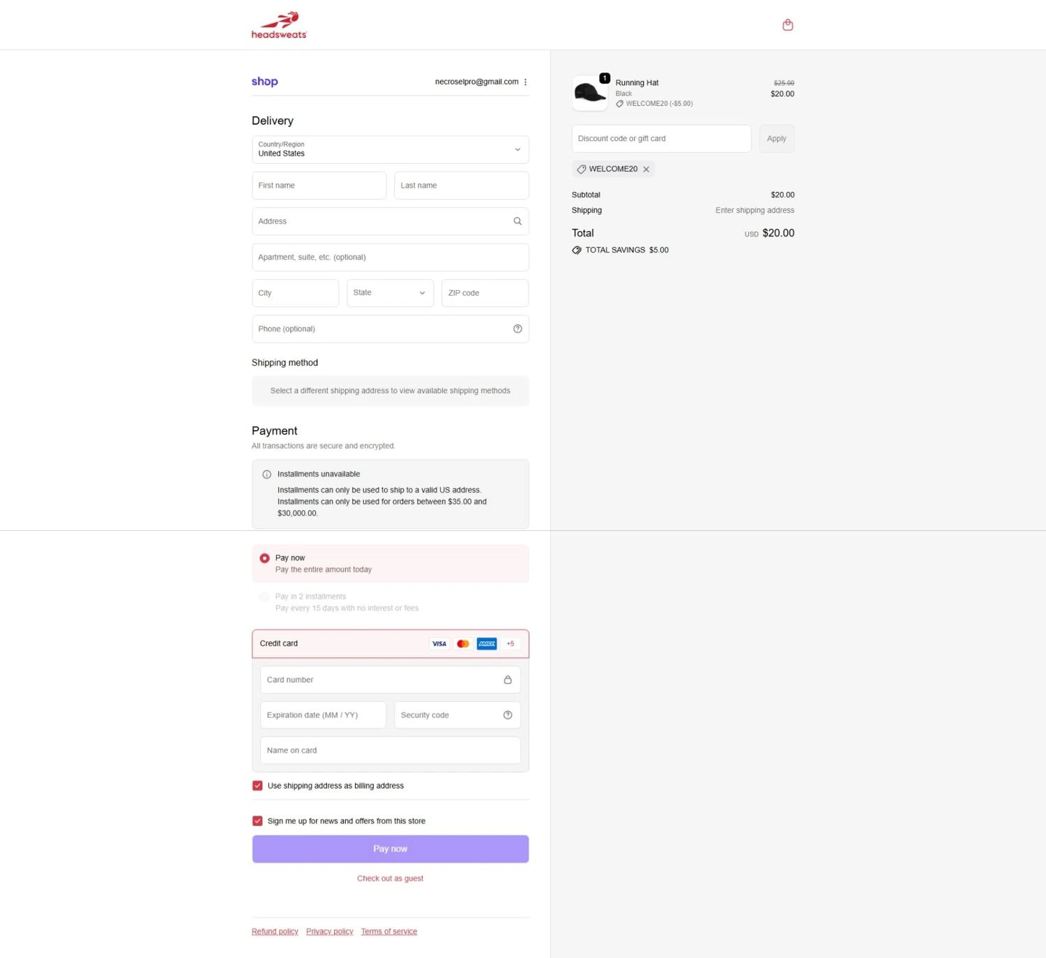 Headsweats promo code screenshot showing code WELCOME20 applied at Headsweats checkout page. Uploaded by SimplyCodes community member DealEagle3415 on Oct 4, 2025