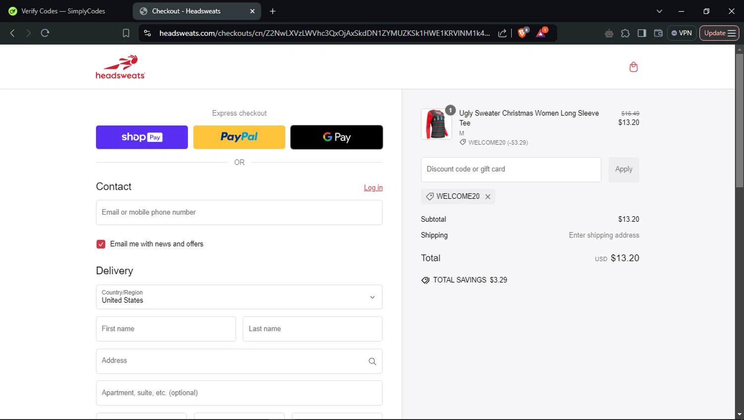 Headsweats promo code screenshot showing code WELCOME20 applied at Headsweats checkout page. Uploaded by SimplyCodes community member PromoSpotter1784 on Dec 30, 2024