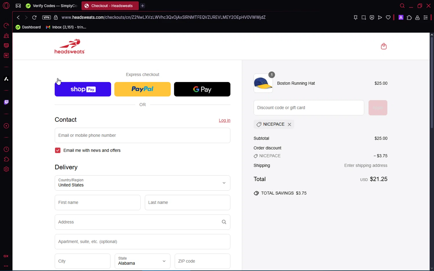 Headsweats promo code screenshot showing code NICEPACE applied at Headsweats checkout page. Uploaded by SimplyCodes community member SaleRanger1759 on May 7, 2025