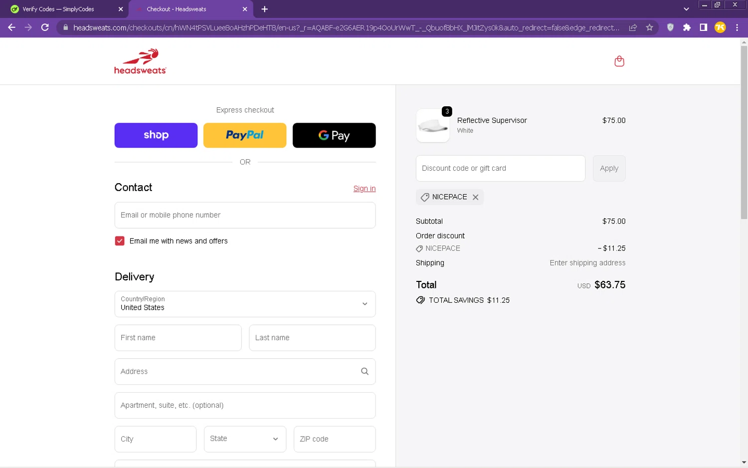 Headsweats promo code screenshot showing code NICEPACE applied at Headsweats checkout page. Uploaded by SimplyCodes community member kervinnavarro on Nov 4, 2025