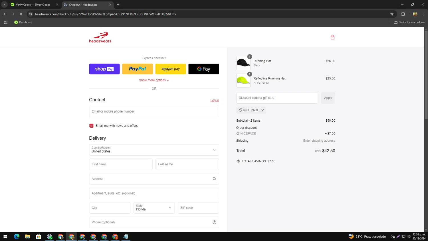 Headsweats promo code screenshot showing code NICEPACE applied at Headsweats checkout page. Uploaded by SimplyCodes community member yesenia on Dec 30, 2024