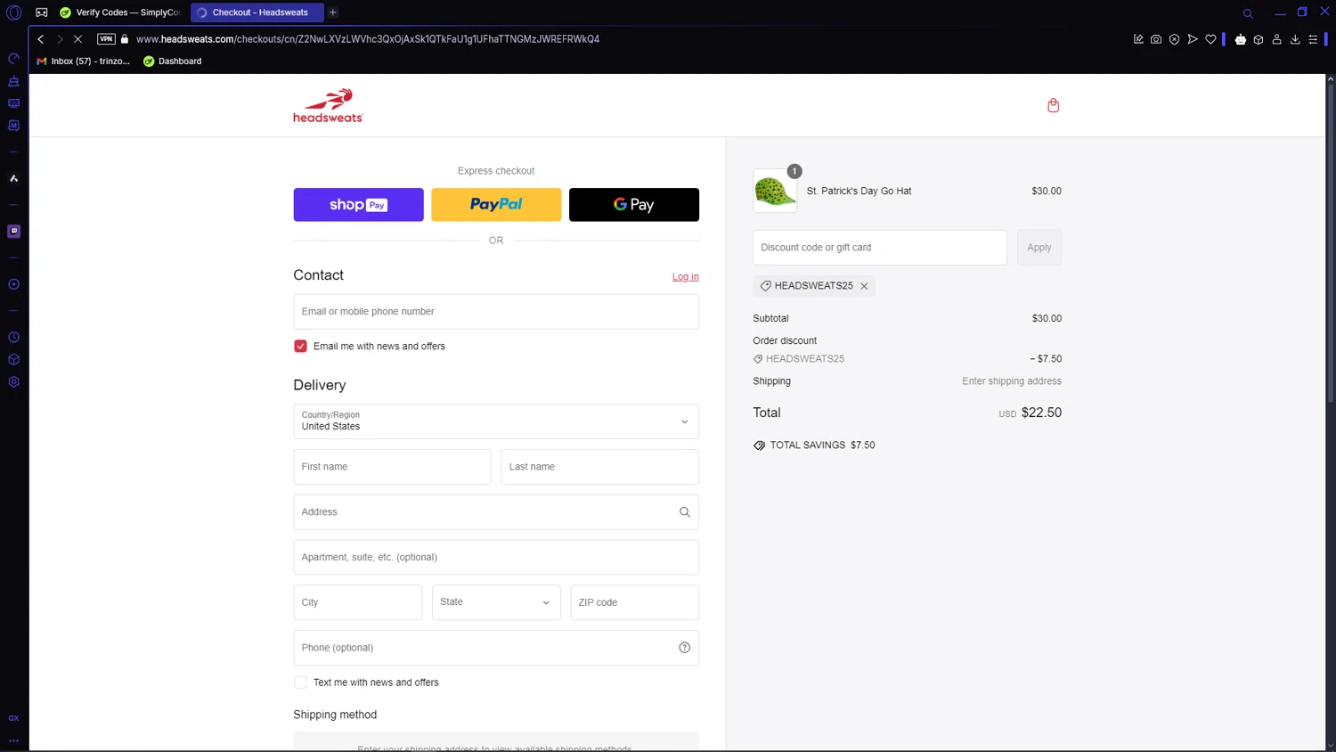 Headsweats promo code screenshot showing code HEADSWEATS25 applied at Headsweats checkout page. Uploaded by SimplyCodes community member VictoriousCaptain3902 on Feb 22, 2025