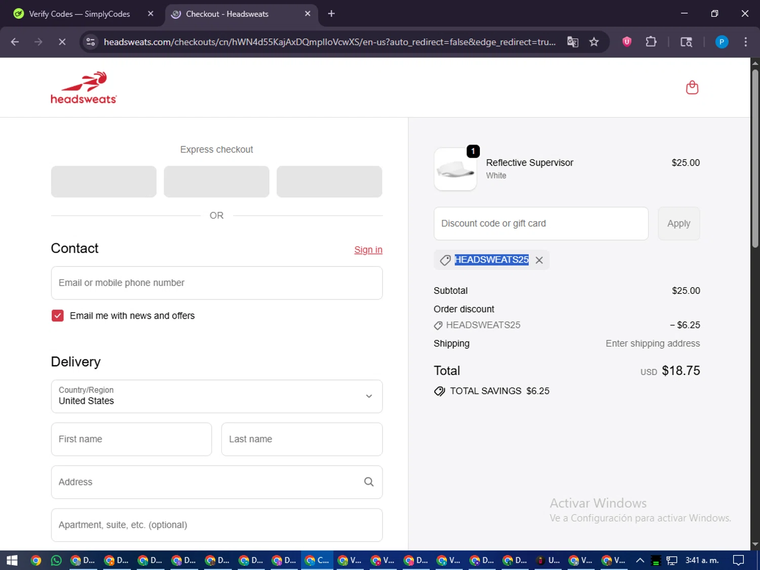 Headsweats promo code screenshot showing code HEADSWEATS25 applied at Headsweats checkout page. Uploaded by SimplyCodes community member juiceWRLD on Oct 28, 2025