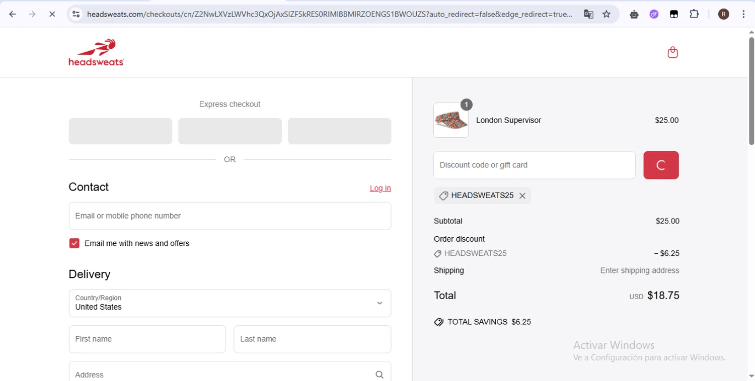 Headsweats promo code screenshot showing code HEADSWEATS25 applied at Headsweats checkout page. Uploaded by SimplyCodes community member zurdita on May 17, 2025