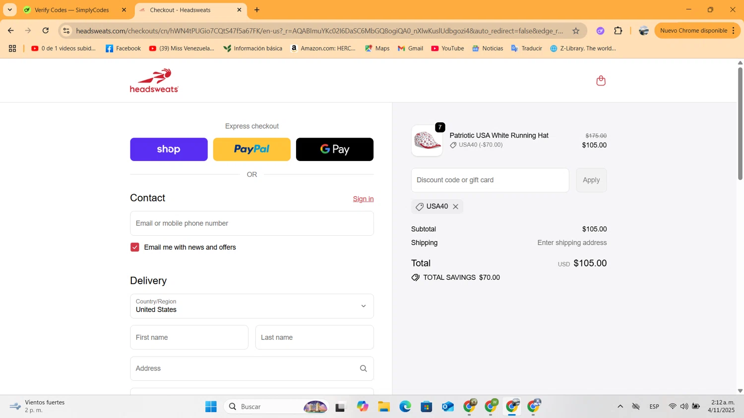Headsweats promo code screenshot showing code usa40 applied at Headsweats checkout page. Uploaded by SimplyCodes community member jessrodrguez2 on Nov 4, 2025