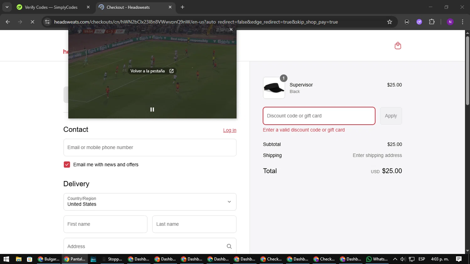 Headsweats promo code screenshot showing code LDAY25 applied at Headsweats checkout page. Uploaded by SimplyCodes community member NATAAAAAANAELCANO on Sep 4, 2025