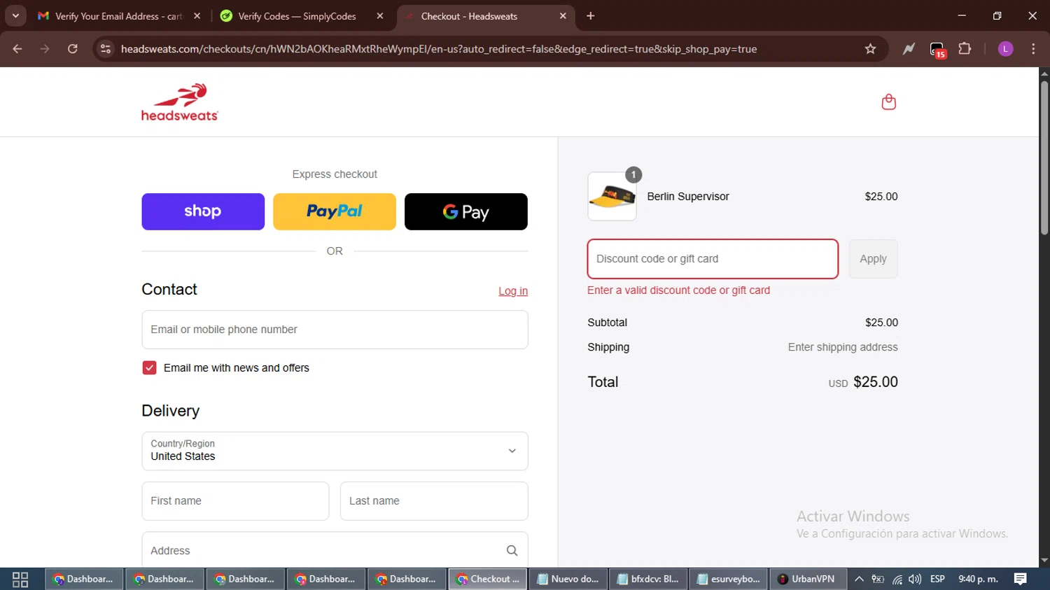 Headsweats promo code screenshot showing code LDAY25 applied at Headsweats checkout page. Uploaded by SimplyCodes community member RewardScout5160 on Sep 4, 2025