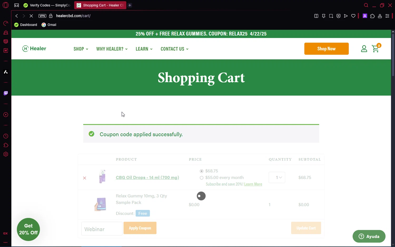 Healer CBD promo code screenshot showing code Webinar applied at Healer CBD checkout page. Uploaded by SimplyCodes community member Pioneer1 on Apr 23, 2025