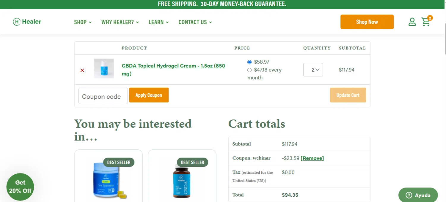 Healer CBD promo code screenshot showing code Webinar applied at Healer CBD checkout page. Uploaded by SimplyCodes community member QuestNavigator1687 on Apr 23, 2025