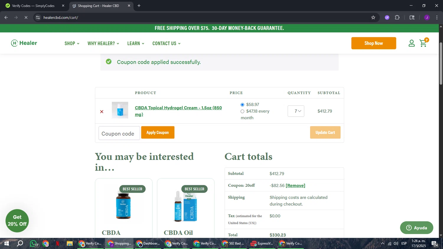 Healer CBD promo code screenshot showing code 20off applied at Healer CBD checkout page. Uploaded by SimplyCodes community member ComeBurra123 on May 17, 2025