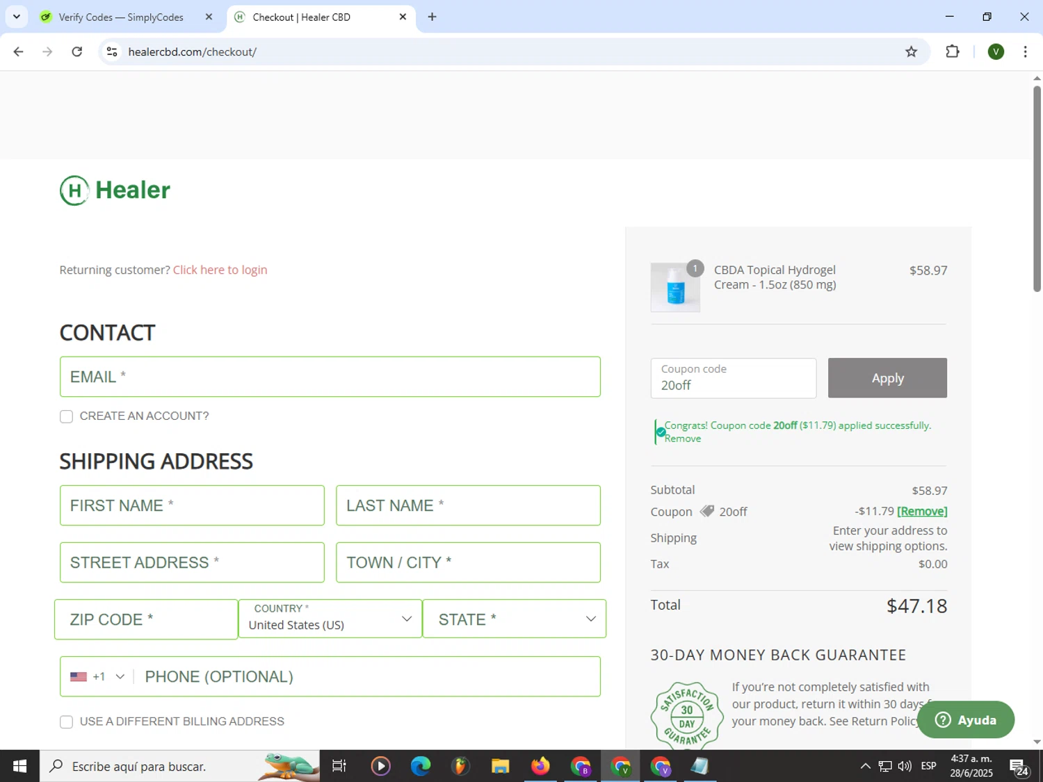 Healer CBD promo code screenshot showing code 20off applied at Healer CBD checkout page. Uploaded by SimplyCodes community member PrimeWizard4168 on Jun 28, 2025
