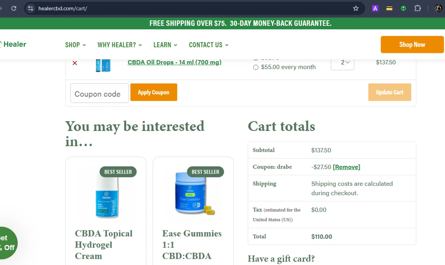 Healer CBD promo code screenshot showing code drabe applied at Healer CBD checkout page. Uploaded by SimplyCodes community member Eduard on Jun 1, 2025