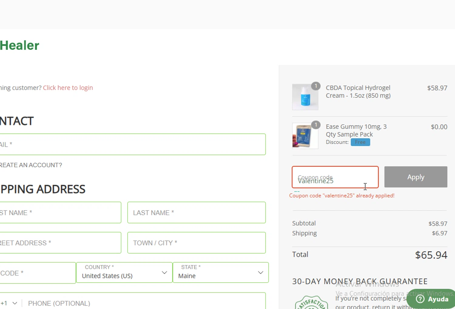 Healer CBD checkout page showing Healer CBD promo code box | Screenshot taken by SimplyCodes community member on Feb 4, 2026