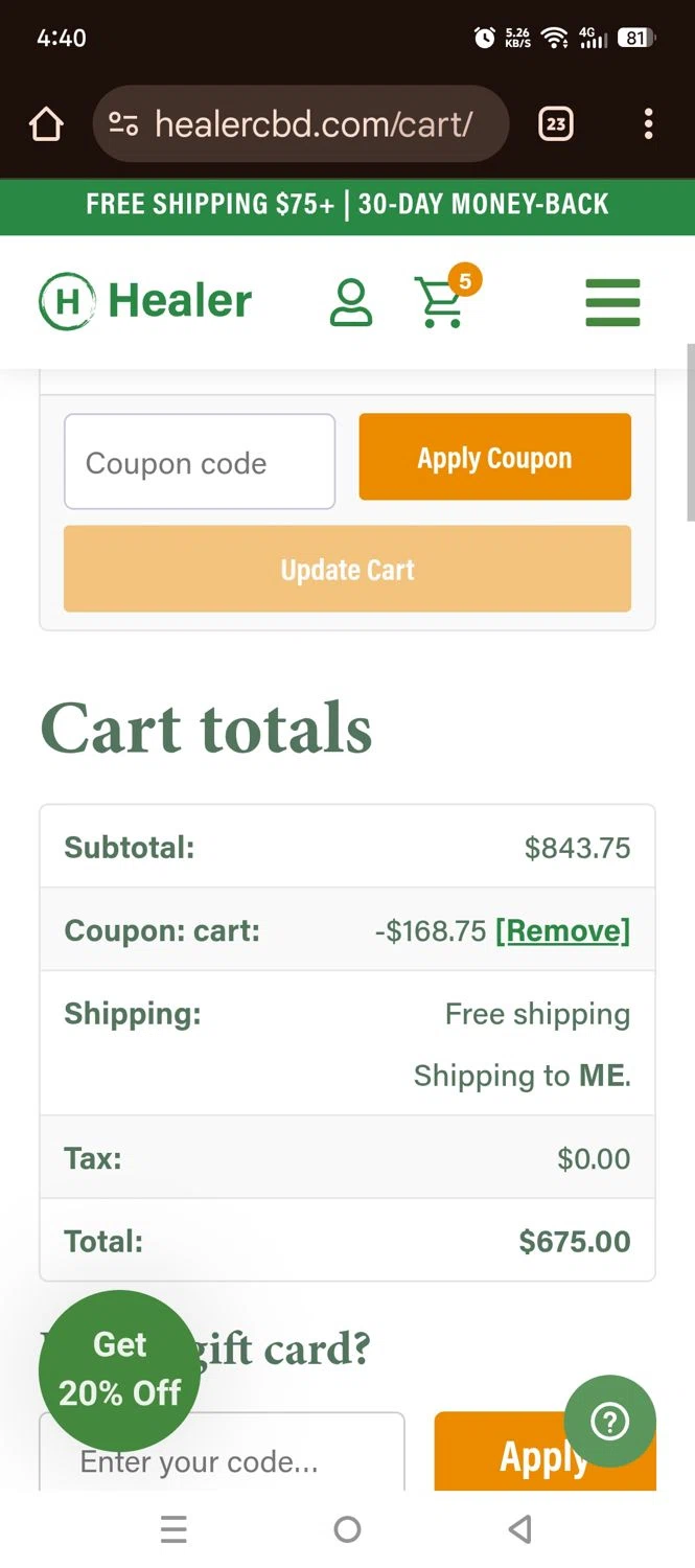 Healer CBD promo code screenshot showing code CART applied at Healer CBD checkout page. Uploaded by SimplyCodes community member larenacida on Jun 23, 2025