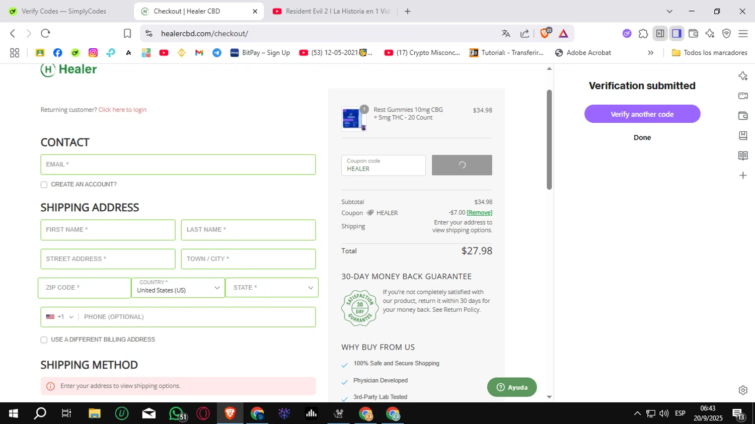 Healer CBD promo code screenshot showing code HEALER applied at Healer CBD checkout page. Uploaded by SimplyCodes community member Sungjinwoo on Sep 20, 2025