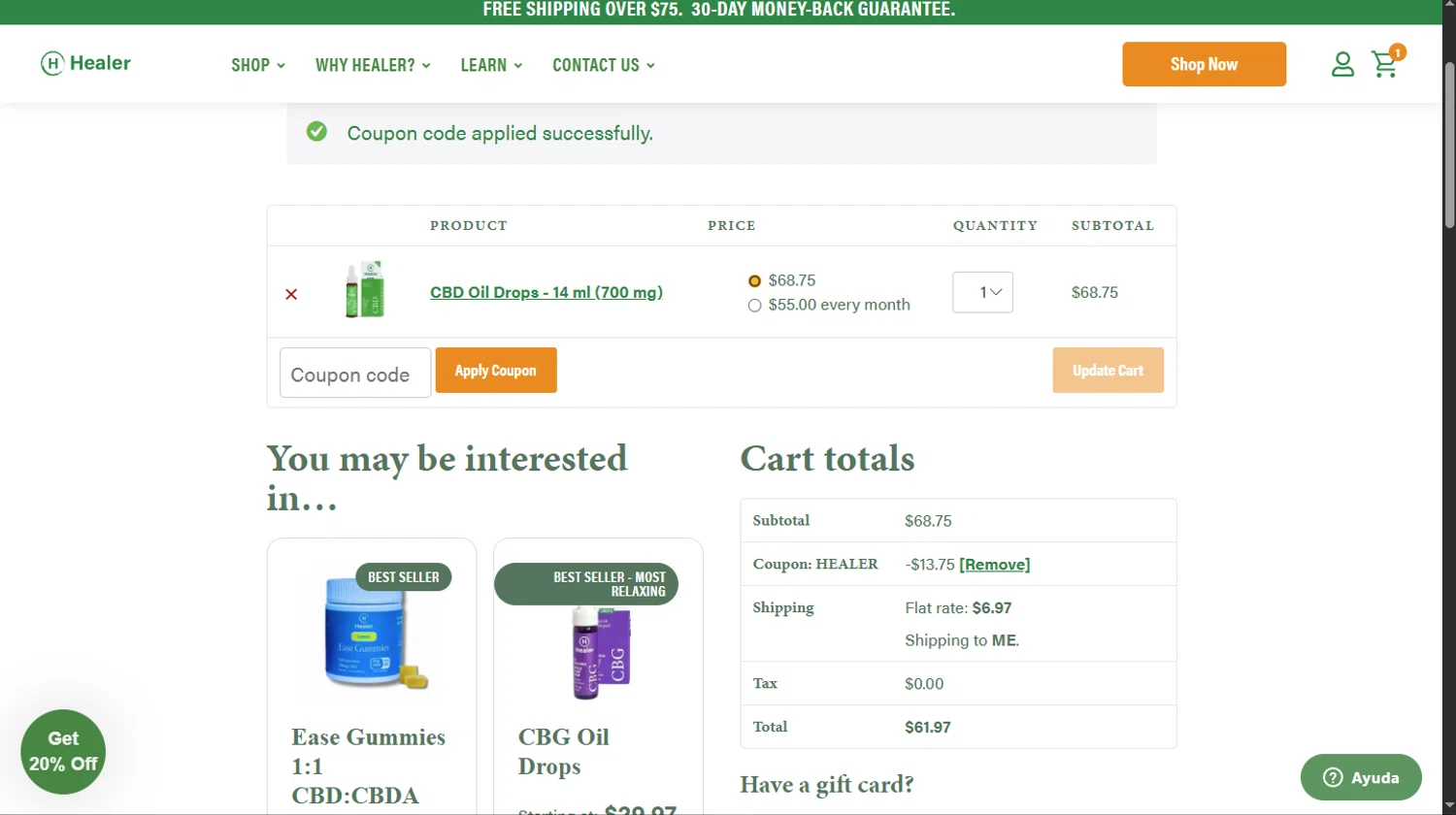 Healer CBD promo code screenshot showing code HEALER applied at Healer CBD checkout page. Uploaded by SimplyCodes community member TokioMiller on Jul 24, 2025
