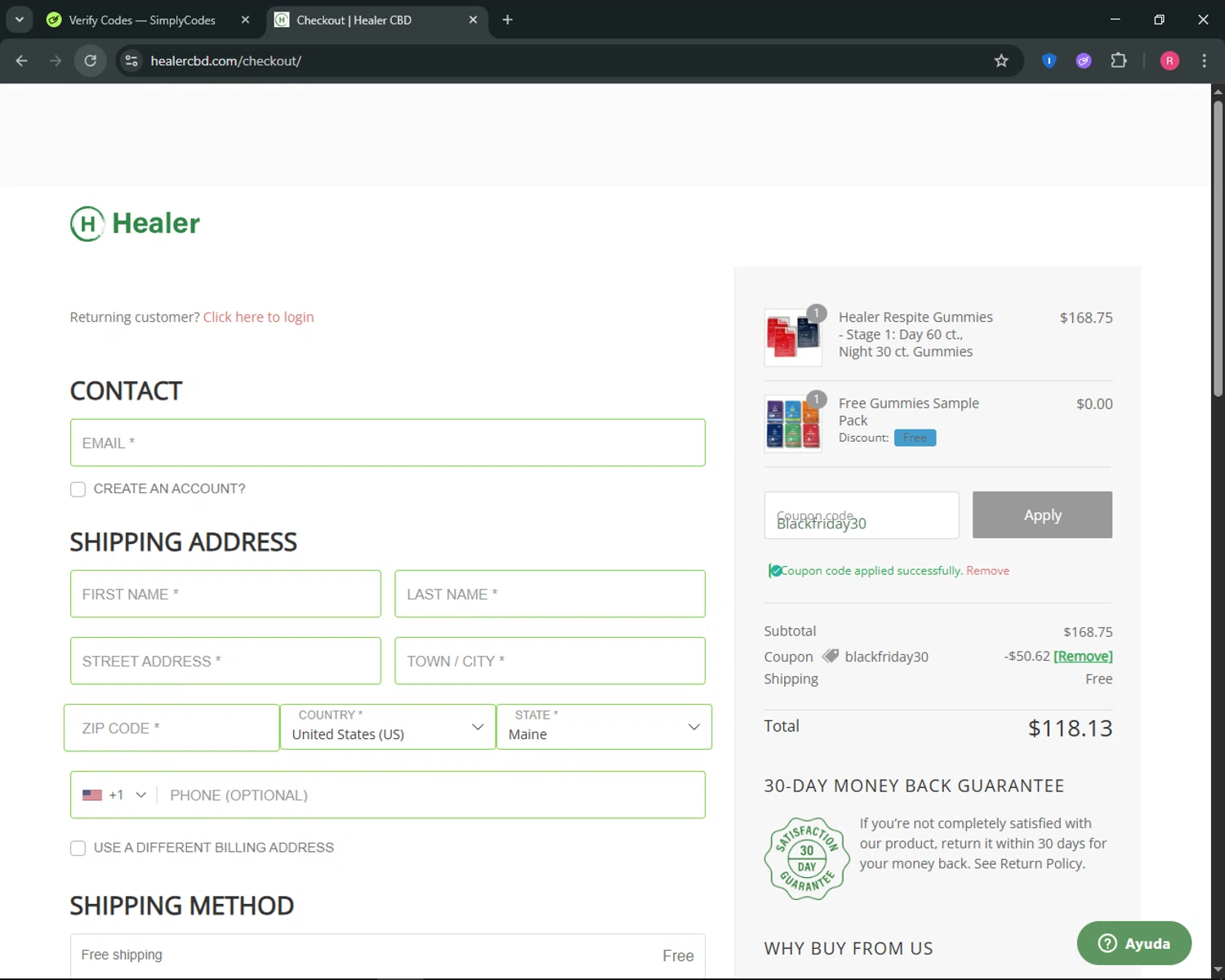 Healer CBD checkout page showing Healer CBD promo code box | Screenshot taken by SimplyCodes community member on Nov 20, 2025