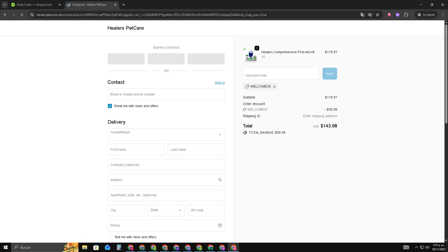 Healers PetCare promo code screenshot showing code WELCOME20 applied at Healers PetCare checkout page. Uploaded by SimplyCodes community member CBR600 on Nov 19, 2025