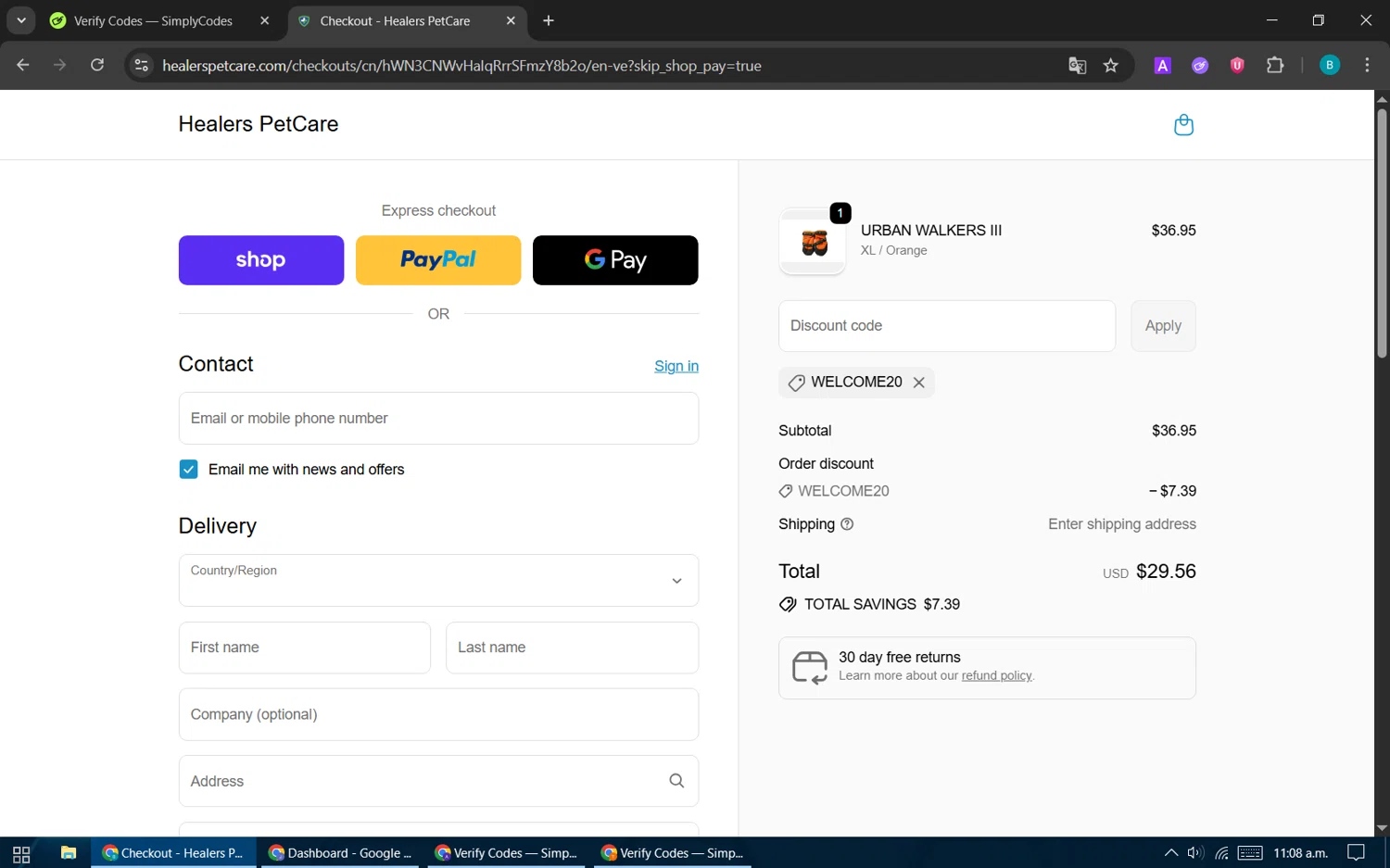 Healers PetCare promo code screenshot showing code WELCOME20 applied at Healers PetCare checkout page. Uploaded by SimplyCodes community member CleverPilot5845 on Sep 20, 2025